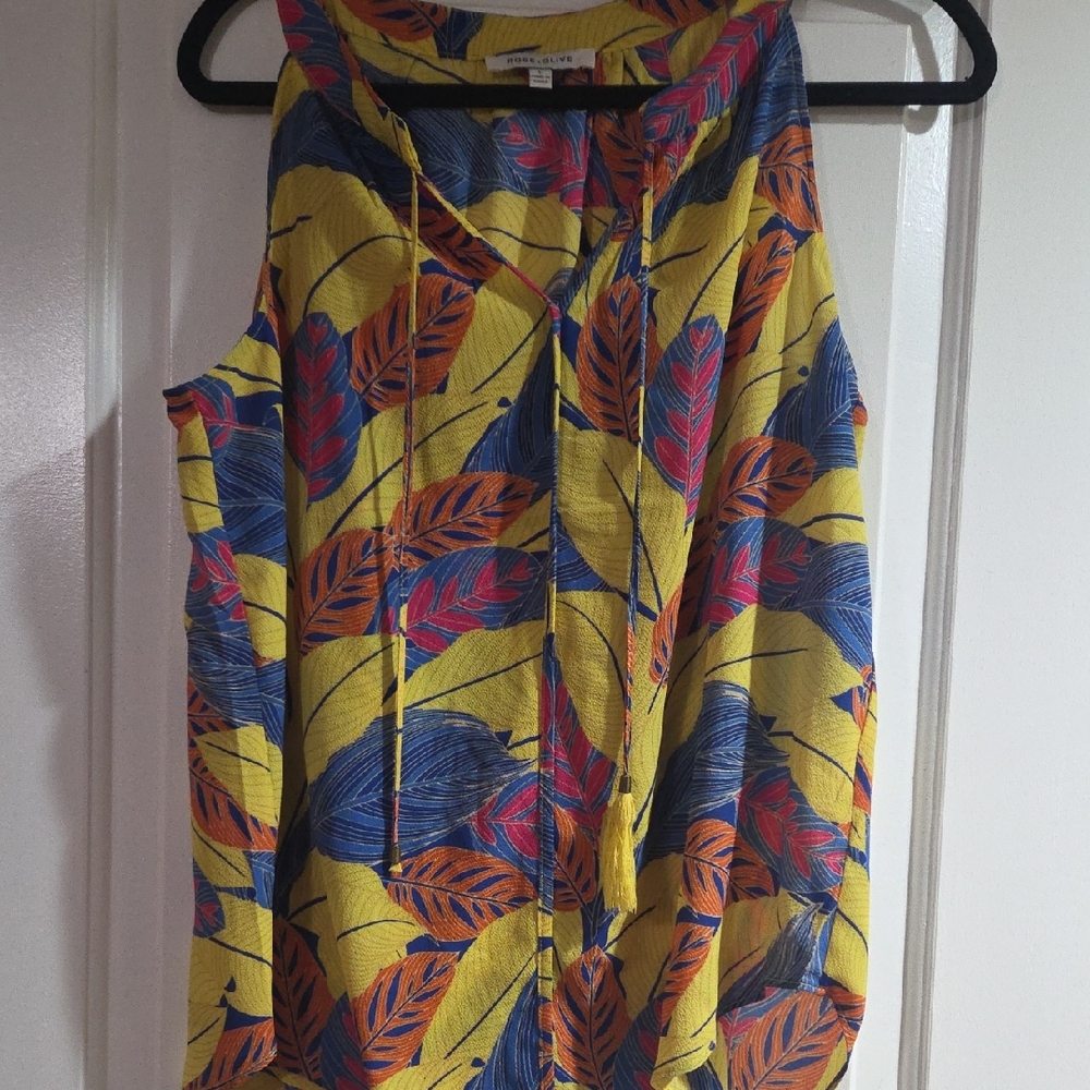 Rose & Olive Yellow and Blue Leaf Print Tank Top